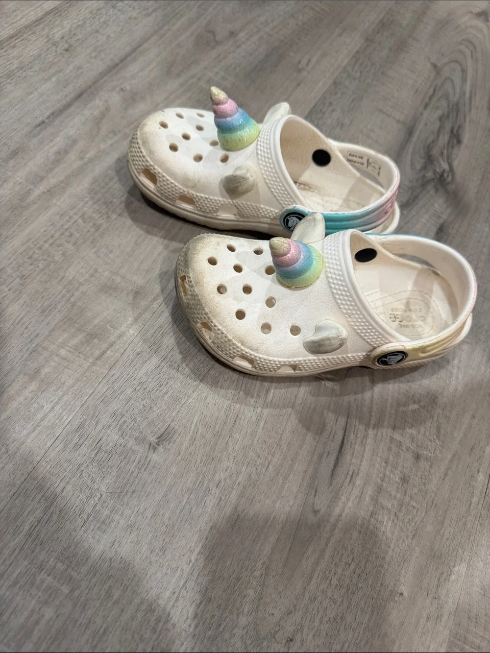 CROCS Kids White Clogs with Pastel Rainbow Unicorn Accents